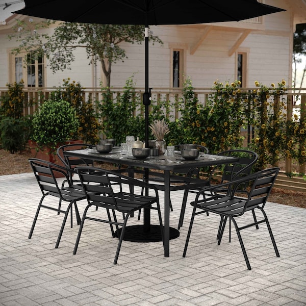 Flash Furniture Lila 7pc Patio Dining St w/60in. Tempered Glss Patio Tbl w/Umbrella Hole and 6 Blk Trpl Slat Chairs TLH-94B-017CBK-GG - main